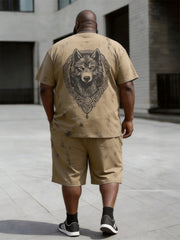 Big & Tall Men's Wolf Head Badge Print Crewneck Short Sleeve T-Shirt Shorts Set