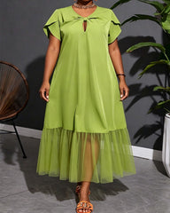 L-4XL Solid Color Design Mesh Stitching Midi Dress