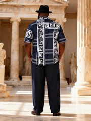 Big & Tall Men's Navy Greek Printed Short Sleeve Shirt Trousers Suit