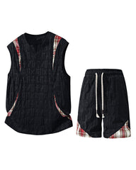 L-9XL Casual Sports Letters Jacquard Patchwork Plaid Vest Shorts Set