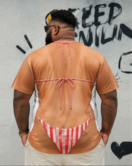 Big & Tall Men's Red And White Striped Bikini Fun Printed Round Neck Short Sleeve T-shirt