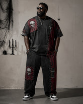 Big & Tall Men's Black And Red Stitching Rivet Skull Cross Printed T-Shirt Pants Set
