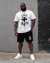 Big & Tall Men's Splash Ink Crown Cross JESUS IS KING Printed Round Neck Short Sleeve T-Shirt Shorts Set