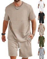S-3XL Sports Suit Solid Color Plaid Texture Crewneck T-shirt Shorts 2-piece Set