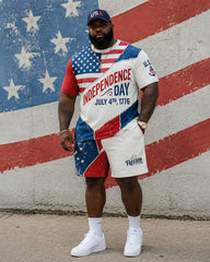Big & Tall Men's Independence Day Theme Stitching Flag Printed Crewneck Short Sleeve T-Shirt Shorts Set