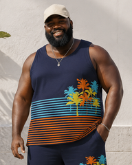 Big & Tall Men's Color Contrast Horizontal Stripe Coconut Tree Print Vest Shorts Set