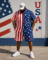 Big & Tall Men's Striped Five-pointed Star Contrast Printed Short Sleeve Shirt Shorts Set