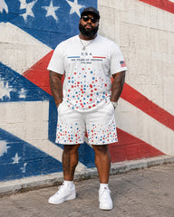 Big & Tall Men's 250 Anniversary Red And Blue Star Printed Crewneck Short Sleeve T-Shirt Shorts Set