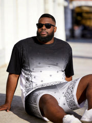 Big & Tall Men's Black And White Gradient Cashew Flower Printed Round Neck Short Sleeve T-shirt Shorts Set