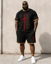 Big & Tall Men's Contrast Red Cross Scripture Printed Round Neck Short Sleeve T-Shirt Shorts Set