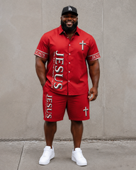 Big & Tall Men's JESUS Alphabet Cross Print Short Sleeve Shirt Shorts Set