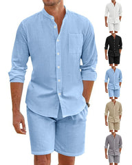 S-3XL Summer Two-Piece Linen Button Long Sleeve Shirt Shorts Set
