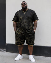 Big & Tall Men's Line Rose Dark Cross Printed Crewneck Short Sleeve T-Shirt Shorts Set