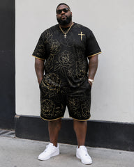 Big & Tall Men's Line Rose Dark Cross Printed Crewneck Short Sleeve T-Shirt Shorts Set