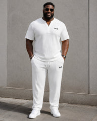 M-4XL Pleated Texture Henley Carriage Embroidered Short Sleeve Pants Set