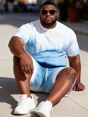 Big & Tall Men's Blue And White Gradient Tie-dye Printed Round Neck Short Sleeve T-shirt Shorts Set