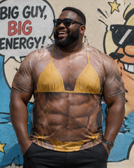 Big & Tall Men's Yellow Lace-up Bikini Full-body Muscle Fun Printed Round Neck Short-sleeve T-shirt