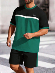 Big & Tall Men's Black And Green Color Block Printed Round Neck Short Sleeve T-shirt Shorts Set