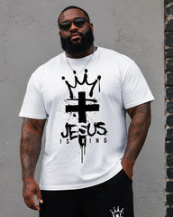 Big & Tall Men's Splash Ink Crown Cross JESUS IS KING Printed Round Neck Short Sleeve T-Shirt Shorts Set