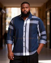 Big & Tall Men's Navy Blue Gradient Check Print Long Sleeve Shirt