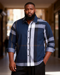 Big & Tall Men's Navy Blue Gradient Check Print Long Sleeve Shirt