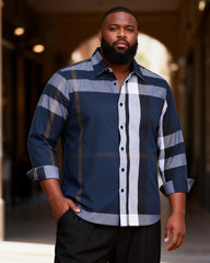 Big & Tall Men's Navy Blue Gradient Check Print Long Sleeve Shirt
