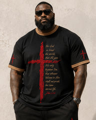 Big & Tall Men's Contrast Red Cross Scripture Printed Round Neck Short Sleeve T-Shirt Shorts Set