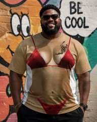 Big & Tall Men's Red Strap Bikini Tattoo 3D Fun Printed Round Neck Short Sleeve T-Shirt