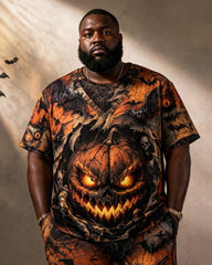Big & Tall Men's Horror Pumpkin Bat Print T-Shirt Pants Set