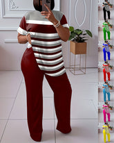 L-5XL Large Size Contrast Striped Short Sleeve Wide Leg Pants Fashion Suit