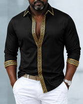 Big & Tall Men's Gold Greek Key Trim Print Long Sleeve Shirt