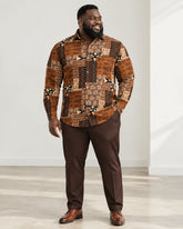 Big & Tall Men's Retro Brown Ethnic Geometric Print Long Sleeve Shirt Pants Set