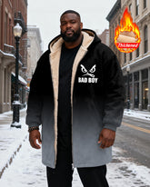 Big & Tall Men's "BAD BOY" Orange Black Gradient Printed Velvet Padded Long Hooded Coat