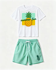 Big & Tall Men's Summer Pineapple Fun Printed Round Neck Short Sleeve T-Shirt Shorts Set