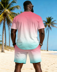 Big & Tall Men's Pink Gradient Hawaii Print Crewneck Short Sleeve T-Shirt Shorts Set