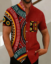 Big & Tall Men's Tribal Totem Splicing Print Henry Collar Short Sleeve Shirt