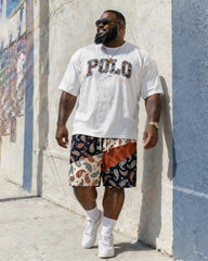 Big & Tall Men's Vintage Cashew Flower POLO Letter Printed Round Neck Short Sleeve T-Shirt Shorts Set