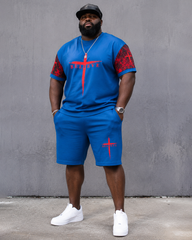 Big & Tall Men's BELIEVE Red Cross Print Crewneck Short Sleeve T-Shirt Shorts Set