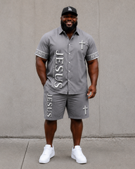 Big & Tall Men's JESUS Alphabet Cross Print Short Sleeve Shirt Shorts Set