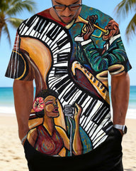 Big & Tall Men's Retro Jazz Cartoon Print Crewneck Short Sleeve T-Shirt