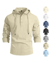 S-3XL Men's Hooded Buckle Long Sleeve Cotton Linen Shirt