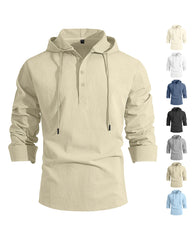 S-3XL Men's Hooded Buckle Long Sleeve Cotton Linen Shirt