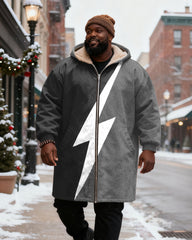 Big & Tall Men's Grey White Lightning Printed Velvet Thickened Long Hooded Coat