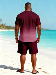 Big & Tall Men's Wine Red Gradient Coconut Printed Round Neck Short Sleeve T-shirt and Shorts Set