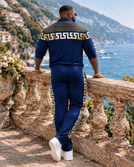 Big & Tall Men's Navy Blue Gold Greek Key Pattern Half Zip Sweatshirt Set