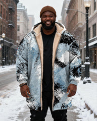 Big & Tall Men's Blue Graffiti Print Velvet Thickened Long Hooded Coat