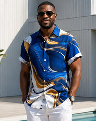 Big & Tall Men's Blue Gold Fluid Art Print Short Sleeve Shirt Pants Set