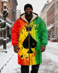 Big & Tall Men's Reggae Splash Ink Spades A Printed Velvet Thickened Long Hooded Coat