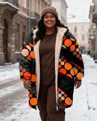 Women's Black Orange Grey Dot Print Velvet Thickened Long Hooded Coat
