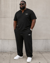 M-4XL Pleated Texture Henley Carriage Embroidered Short Sleeve Pants Set